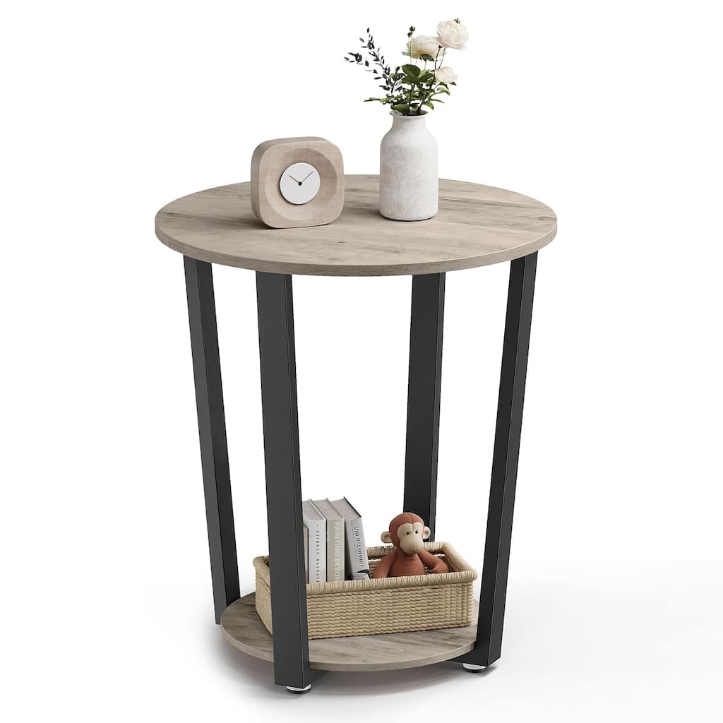End Table, Round Side Table with Storage Shelf, Easy Assembly, Industrial Accent Furniture with Steel Frame