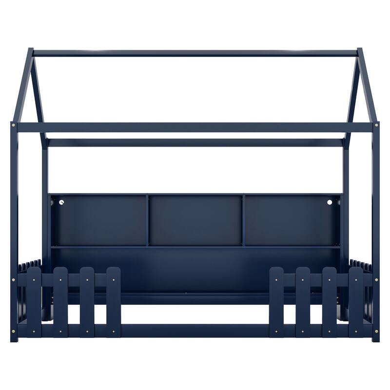 Twin Size Wood House Bed with LED Light and Storage Bookshelf, Floor House Bed with Guardrails