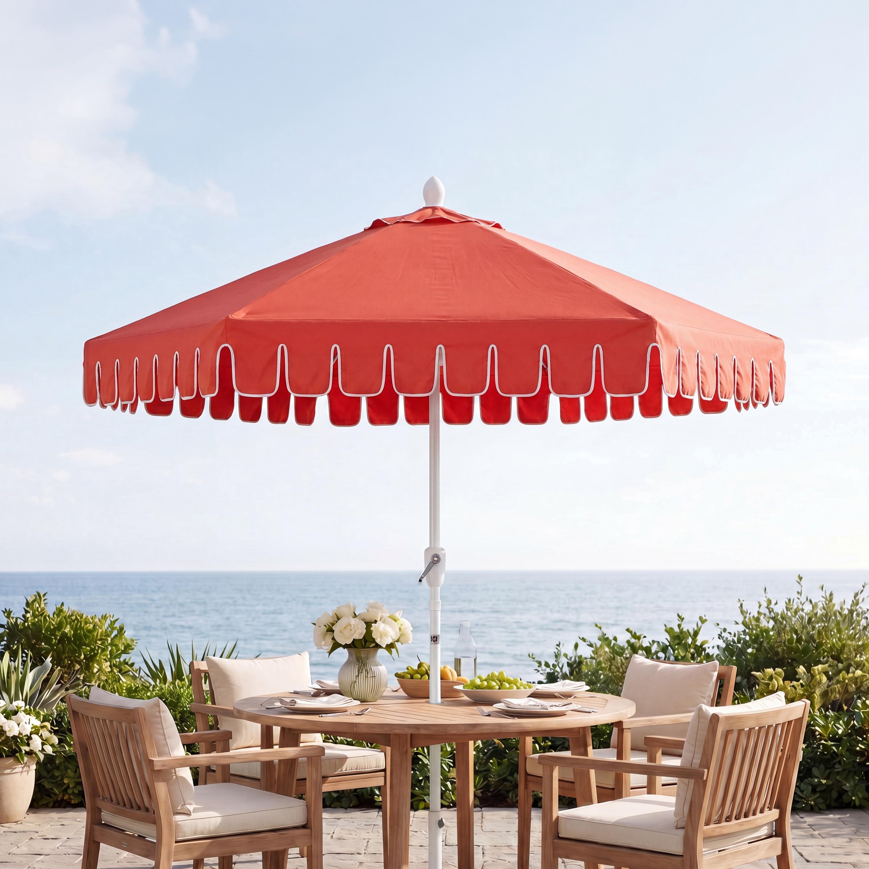 abble 9ft scallop tilt crank patio umbrella Terrace Arc 9 ft Scalloped Fringe Market Half with Crank, Button and UV Protection Coral Pink/Brown Pole The Better Homes Abble Scallop Tilt Crank Patio
