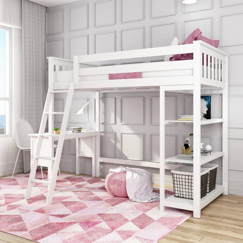 Max and Lily Twin High Loft Bed with Bookcase and Desk - White