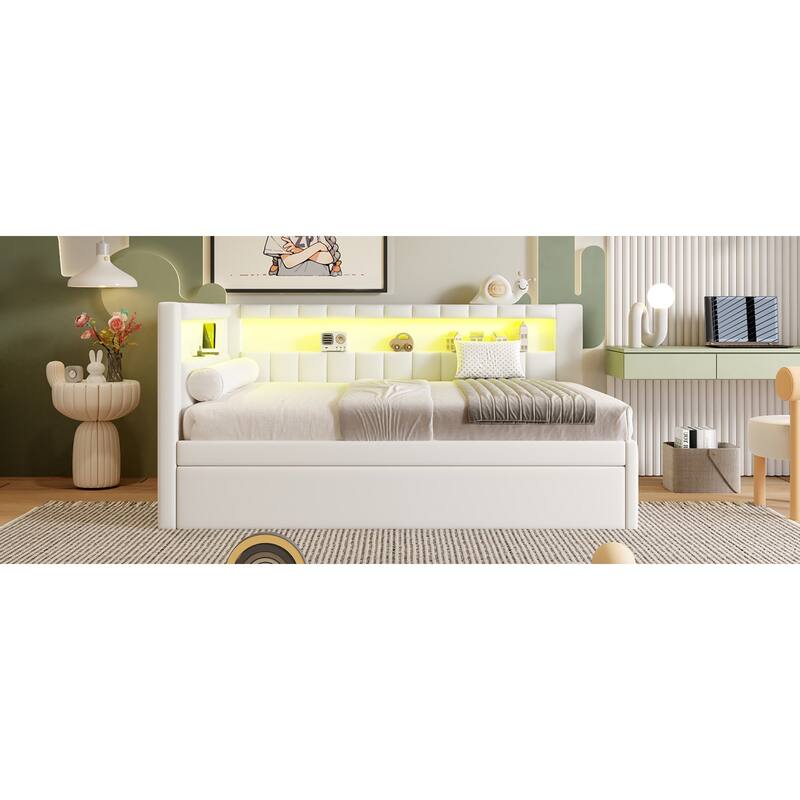 Roomfitters Full Size Upholstered Platform Bed with USB Ports, LED Light Belt and Twin Trundle, Modern Sleeper Bed, White