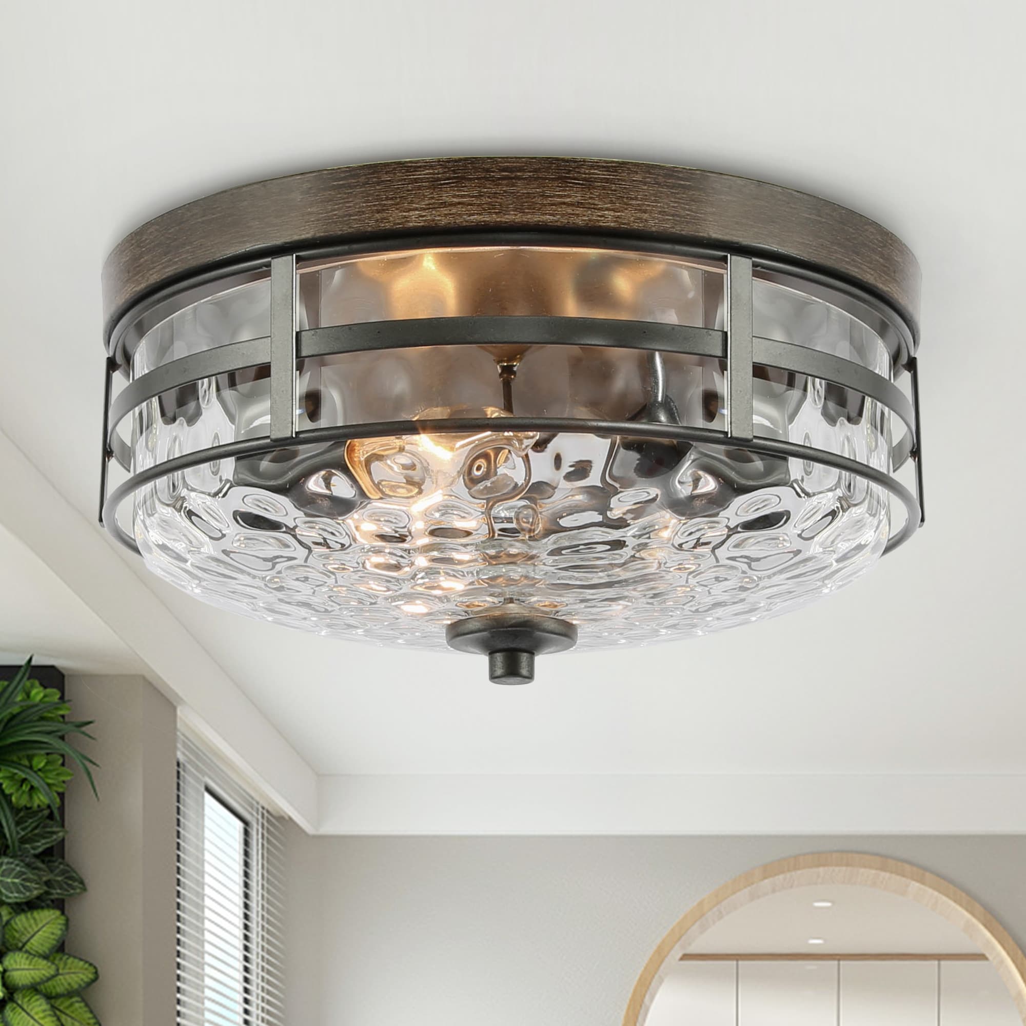 Rustic Farmhouse Drum 3 Light Water Ripple Glass Metal Flush Mount Light Modern Ceiling Light for Entryway D12.5 x H6 Faux Wood