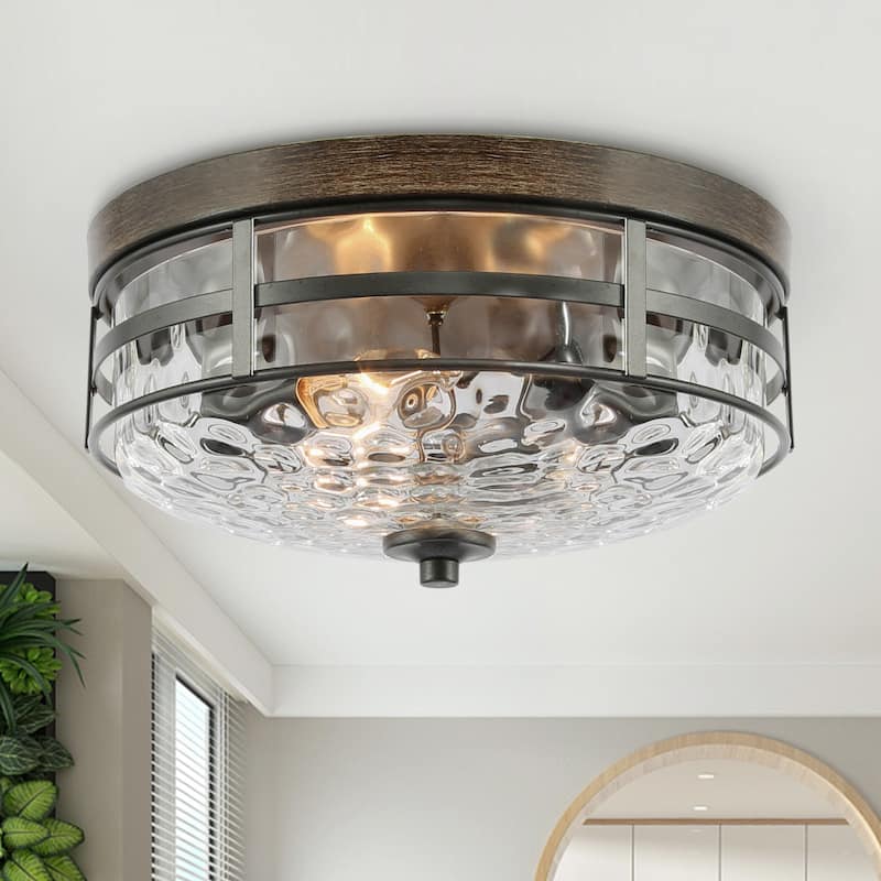 Rustic Farmhouse Drum 3-Light Water Ripple Glass Metal Flush Mount Light Modern Ceiling Light for Entryway