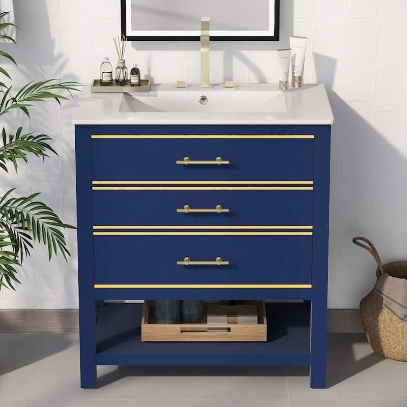 Modern 30inch Navy Blue/White Bathroom Vanity Combo with Open Two Drawers Bed