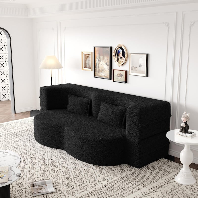 Modern Floor Sofa Bed, Teddy Fabric, 2 Pillows, 15" Fold Mattress