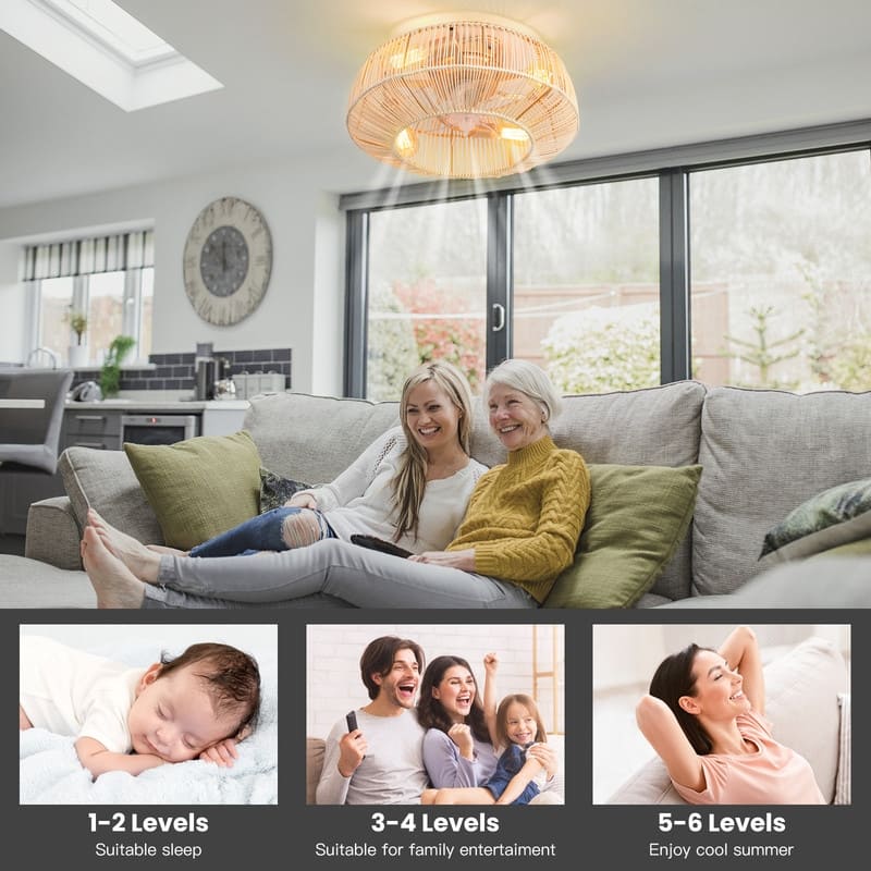 20 in. 4-Lights Indoor Gold Rattan Flush Mount Ceiling Fan Low Profile Ceiling Fan with Remote Included No Bulbs for Kids Room