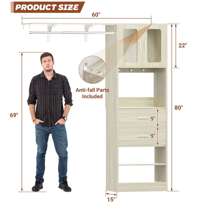 Rackcog Closet System with Doors and Drawers, Storage Organizer with DIY Shelving for Walk-in Closet