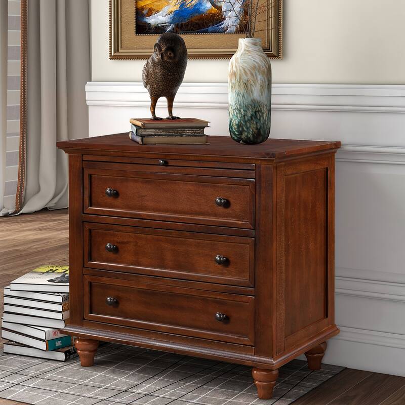 U_STYLE 28'' Pine Veneer Nightstand: 3 Drawers + Pull-Out Tray for Bedroom/Sofa