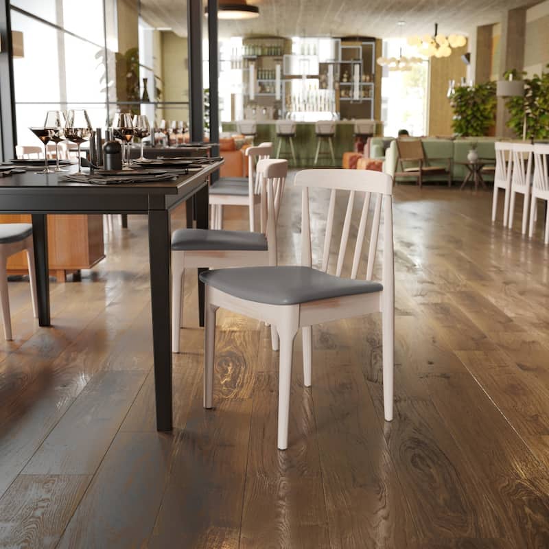 Commercial Solid Wood Dining Chair with Vinyl Padded Seat - Brown Vinyl Seat/Antique White Wood Frame