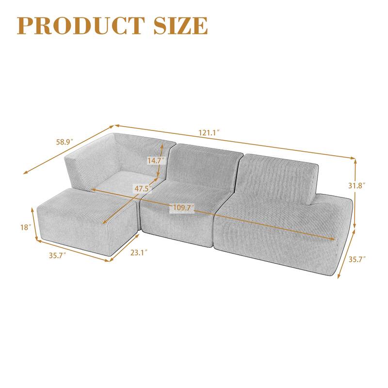 Modular All-Foam Corduroy Compression Sofa With Ottoman
