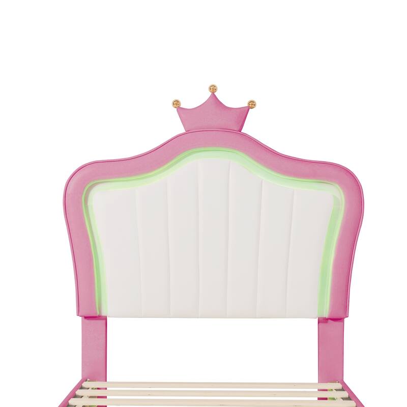 Modern Queen/Twin Full Upholstered Platform Bed with LED Lights, Adjustable Crown Headboard, No Box Spring