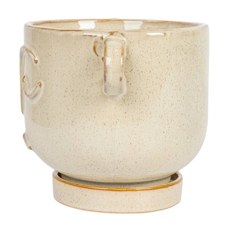 Stoneware Face Planter with Reactive Glaze, Handles, and Saucer - 8.3"L x 6.1"W x 5.8"H