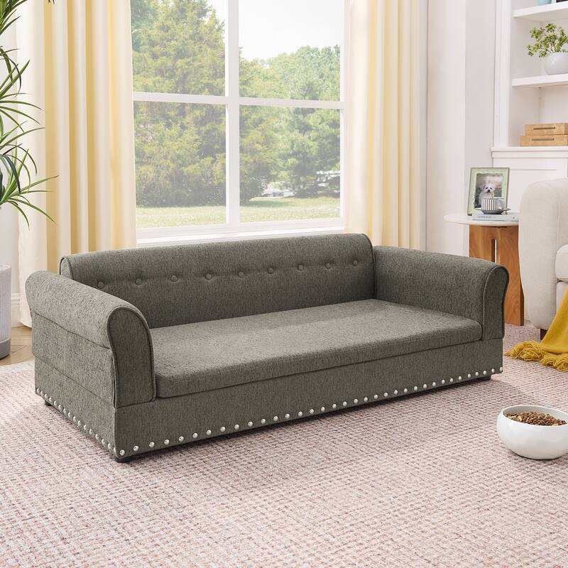 Oversized Pet Sofa, Elegant Modern Linen Fabric Elevated Dog Sofa Bed, Oversized Rectangular Pet Bed with Backrest & Armrest