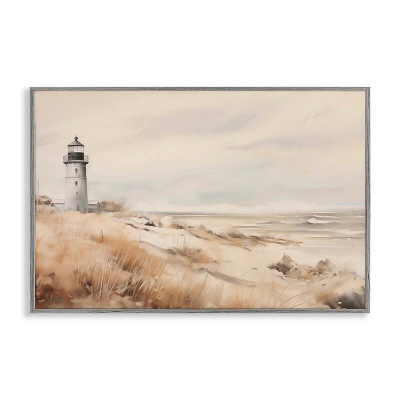 Stupell Distant Lighthouse in Neutral Tones Framed Giclee Art Design By Arlington Prints - 24 x 16 - Grey