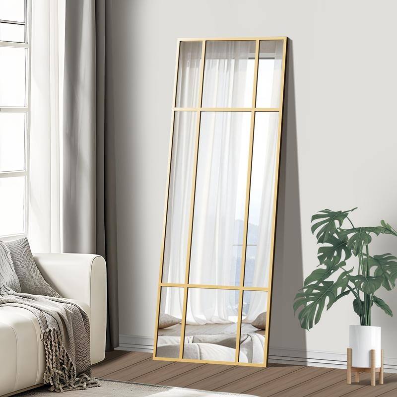 Iron Metal Frame Rectangular Windowpane Wall Mirror Farmhouse Rustic Elegant Decor for Living Room Bedroom Bathroom Entryway - 63" x 24" - Gold Rectangular