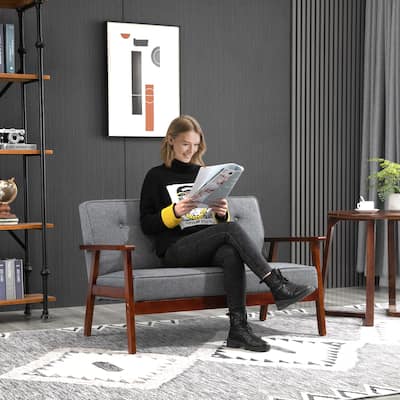 HOMCOM Modern Upholstered 2-Seat Loveseat Sofa with Linen-Touch Fabric and Rubberwood Legs, Grey