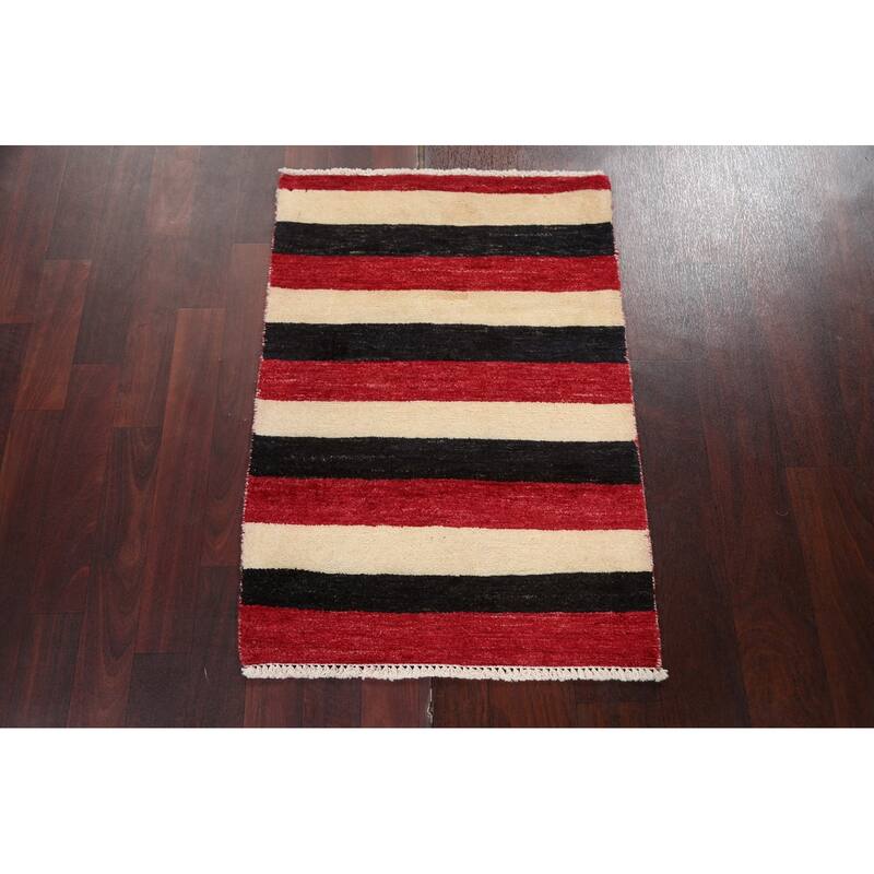 Contemporary Wool Striped Gabbeh Kashkoli Area Rug Hand-knotted Carpet - 2'1" x 3'0"