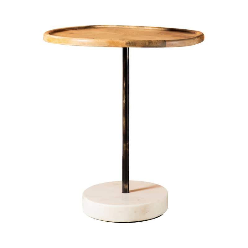 27 Inch Modern Accent End Table, Round Marble Base, Wood, White and Brown