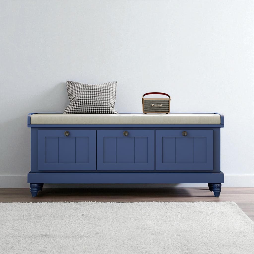 Classic Entryway Shoe Bench with Cushion and 3 Drawers, Fluted Storage Bench with Hidden Compartment and Rubber Wood Legs