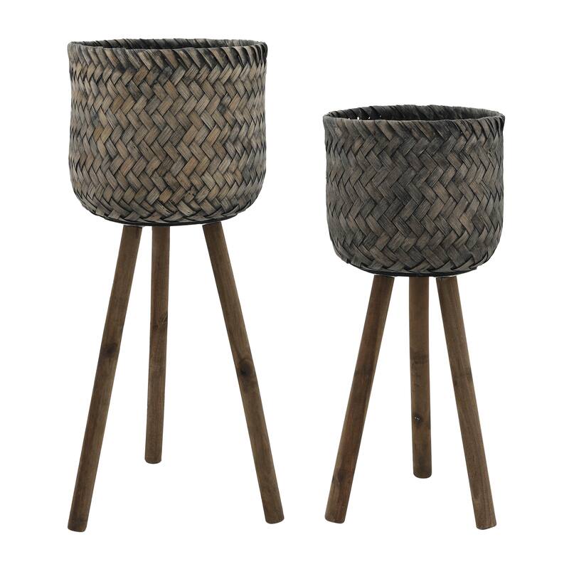 Sagebrook Home Neutral Boho Wicker Planter Stand Set, Versatile Indoor Garden Decor