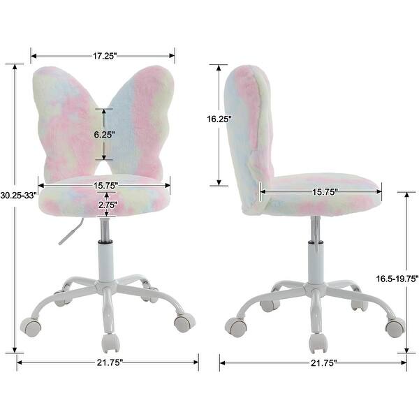 dimension image slide 3 of 4, Cute Butterfly Back Kids Desk Chair, Adjustable Furry Swivel Chair for Study/Home/Bedroom/School