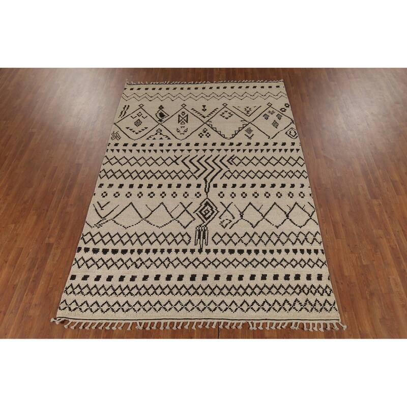Geometric Beige / Ivory Moroccan Area Rug Hand-Knotted Wool Carpet - 6'9"x 10'11"