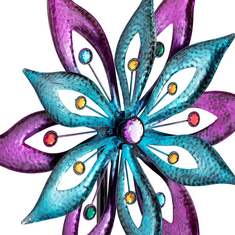 Alpine Corporation 64" Tall Outdoor Floral Windmill Stake with Gems Kinetic Spinner, Purple and Aqua