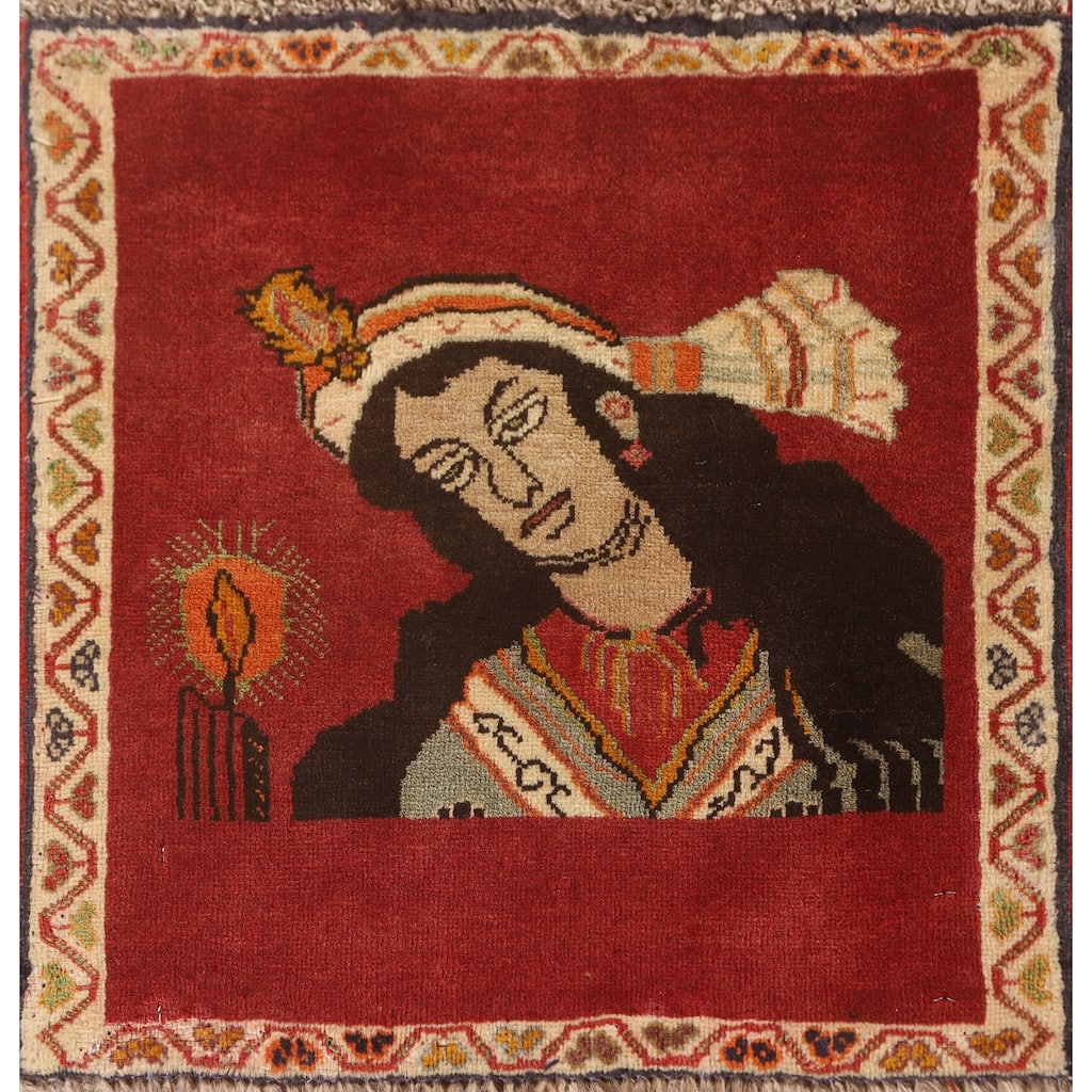 Pictorial Red Shiraz Persian Square Rug Hand-Knotted Wool Carpet - 1'11" x 1'11"