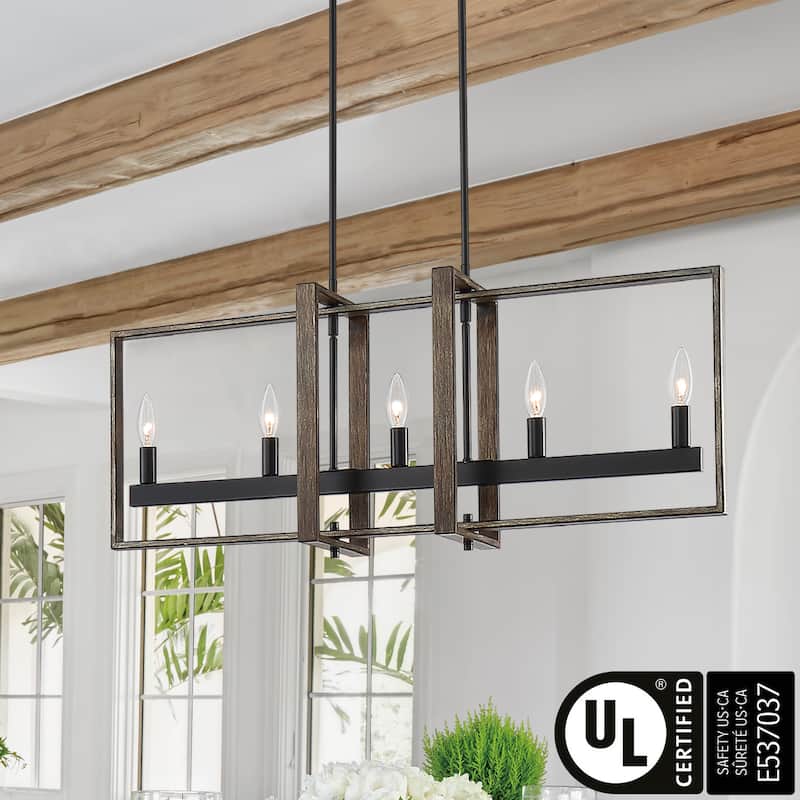 Farmhouse Wood Accent 5-light Geometric Linear Chandelier for Dining Room - 34 inches