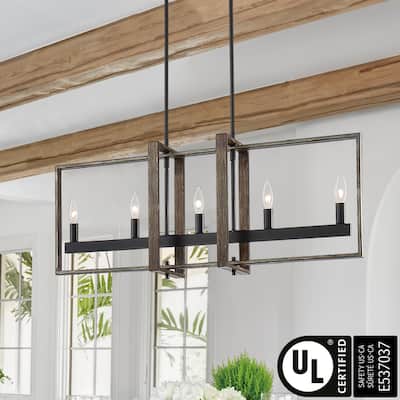 Farmhouse Wood Accent 5-light Geometric Linear Chandelier for Dining Room - 34 inches