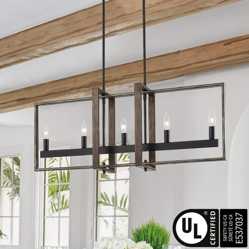 Farmhouse Wood Accent 5-light Geometric Linear Chandelier for Dining Room - 34 inches