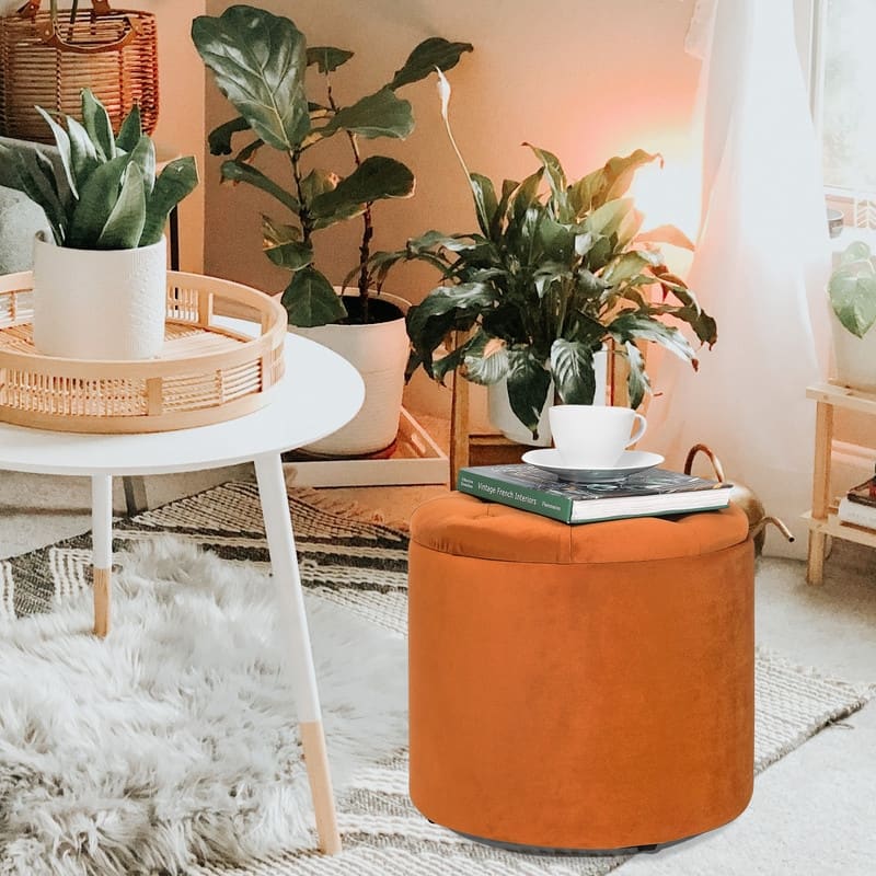 Adeco Round Storage Ottoman Footrest Stool With Removable Lid