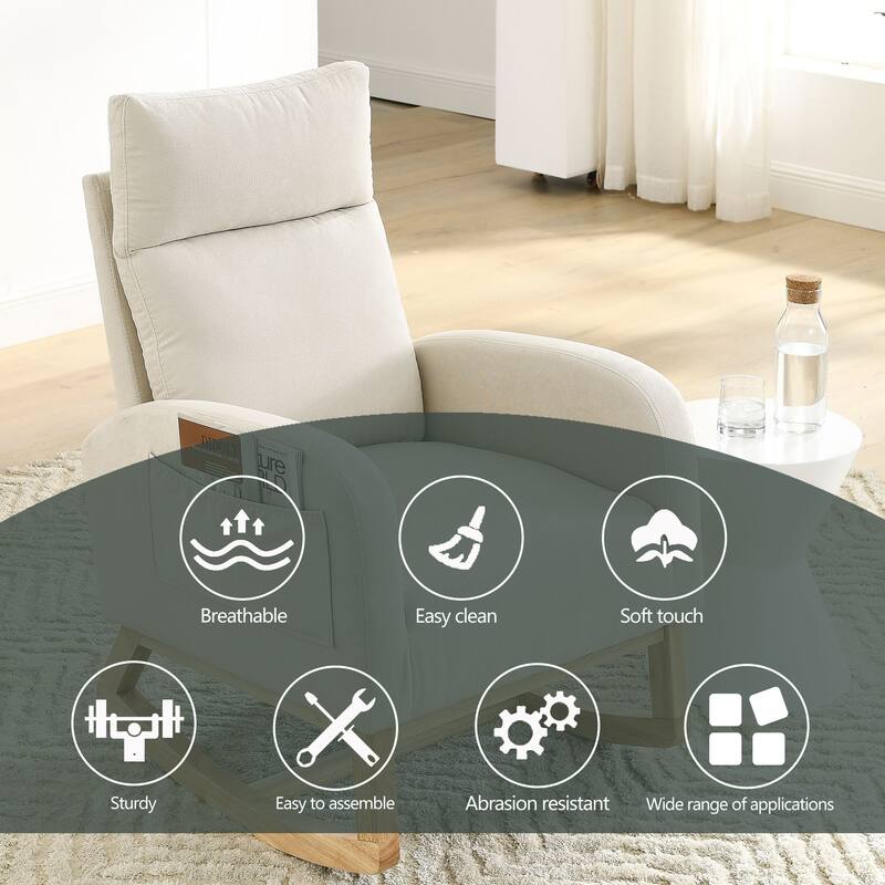 Wooden Base Glider Rocking Chair, Upholstered Nursery Rocker Chair with High Backres, Living Room Bedroom Lounge Chair Armchair
