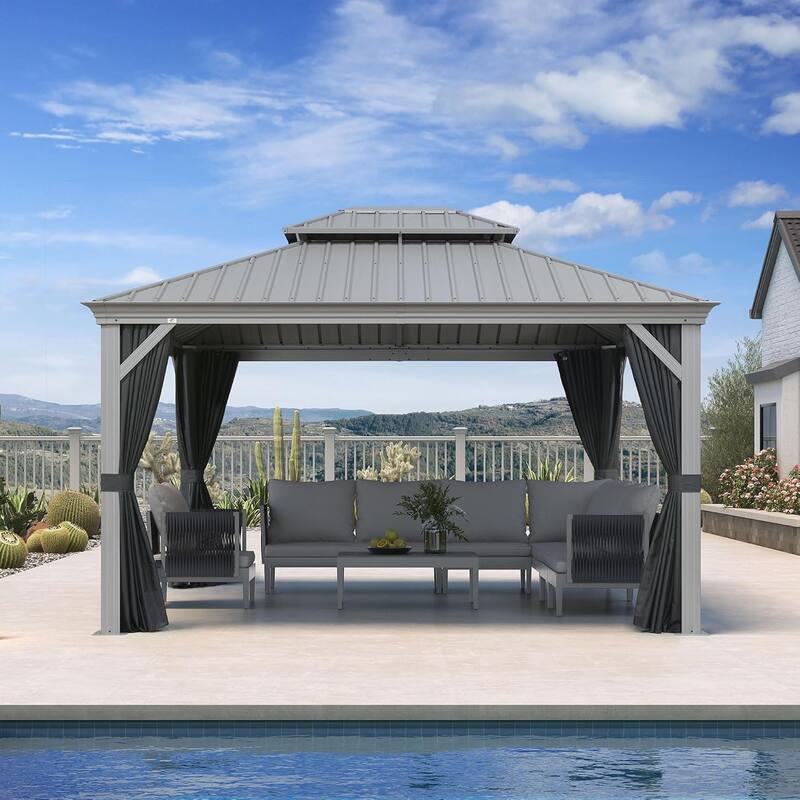 PURPLE LEAF Patio Gazebo for Backyard Hardtop Galvanized Steel Frame with Upgrade Curtain - Light Grey