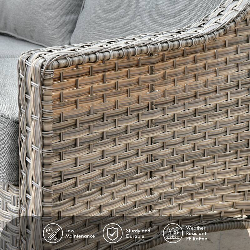 OVIOS 7 Pieces Outdoor Wicker Curved Swivel Chair Set With Fire Table