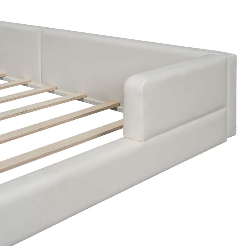 Queen Size Upholstered Platform Bed with 2 Reading Lights, Premium PU Leather Floor Bed Frame with Wooden Slats Support