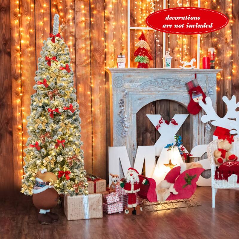 Gymax 6ft Pre-lit Pencil Snow Flocked Pencil Christmas Tree Holiday - See Details