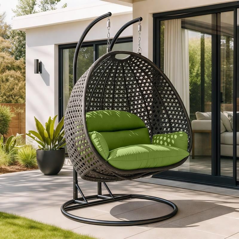 LeisureMod 2-Person Charcoal Wicker Egg Swing - Includes Metal Stand & Cushions - Modern Double Patio Lounger