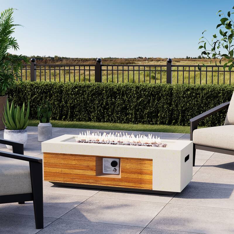 COSIEST 28''Outdoor Concrete Propane Fire Pit Table,Marble & Wood Style Design