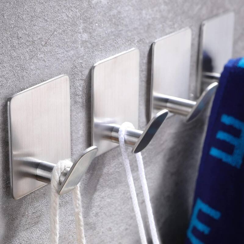 (Pack of 4) Adhesive Hooks Towel/Coat Hooks Stick to Bathroom or Kitchen - Silver