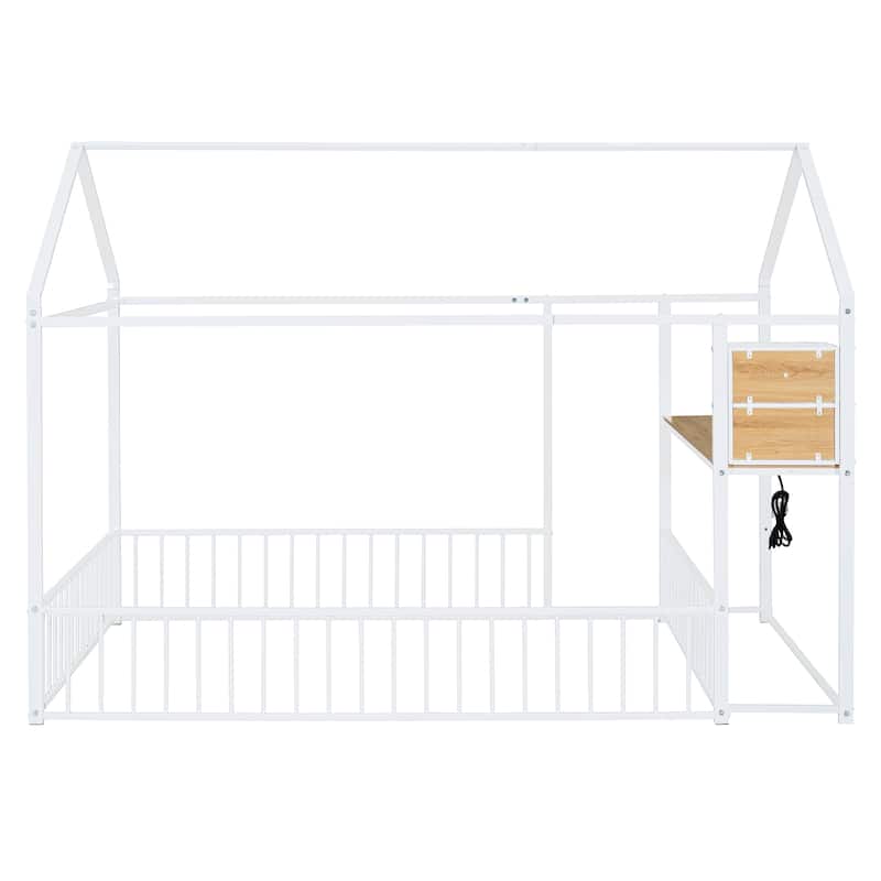 Full Size Metal House Platform Bed Frame with Built-In Desk, USB Charging And Storage Shelves