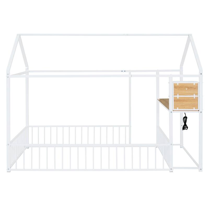 Metal House Bed Frame, Kids Montessori Bed Floor Bed with Side Desk, Power Outlets and USB Ports