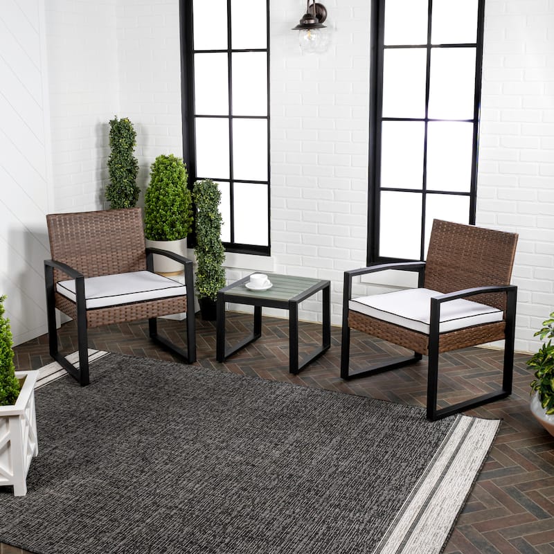 Elina 3-Piece Modern Coastal Faux Wicker Conversation Outdoor Patio Set, by JONATHAN Y