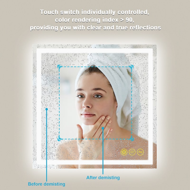GlareGuard 36x36" Square Anti-Fog Dimmable Backlit LED Bathroom Vanity Mirror - Clear