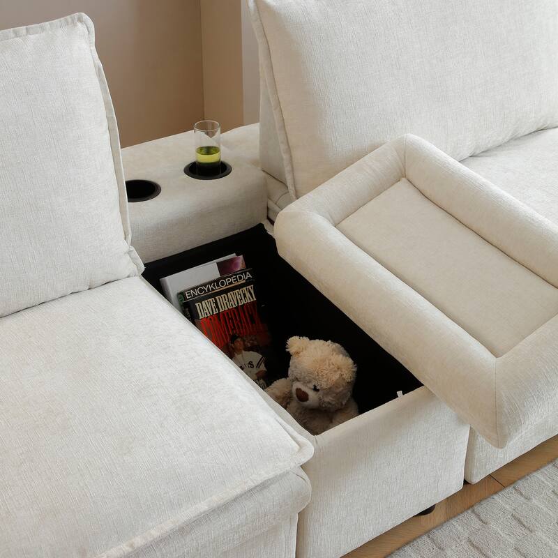 U-shaped Deep Seat Sectional Sofa Chenille Modular Reclining Couch with Storage Console Table, Ottomans and Adjustable Backrest