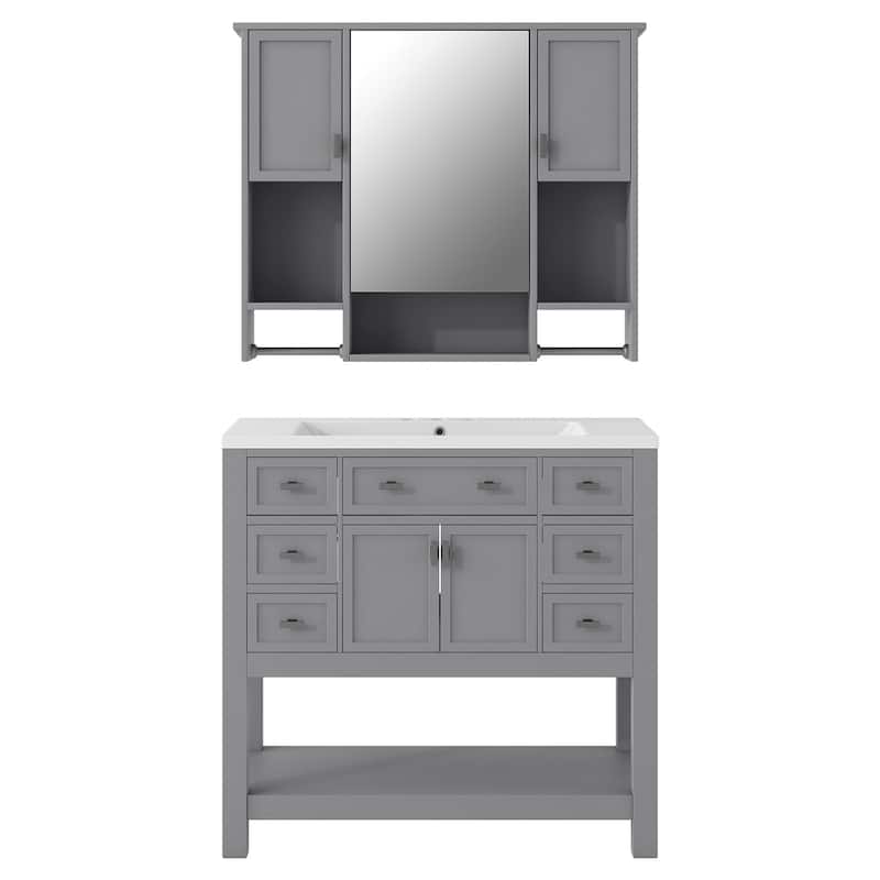 Plywood Freestanding Bathroom Vanity Set in Maple with Integrated Ceramic Sink with Drain - 36" x 18"