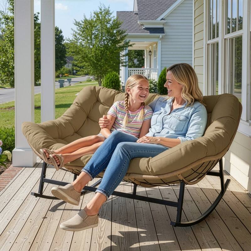 FINCATI Double Papasan Rocking Chair Outdoor Indoor, 700 lbs Heavy-Duty Double Wide Rocking Chair with 5.1 Inch Thick Cushion