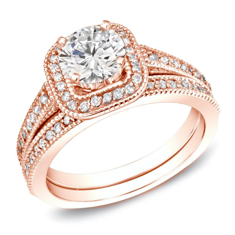 Auriya 14k Rose Gold 1 carat TW Vintage Halo Diamond Engagement Ring Set - 4