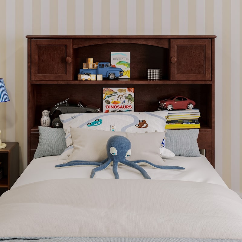 Twin Size Solid Wood Bookcase Headboard with Built-In Storage Shelves, Walnut Finish for Compact Bedrooms