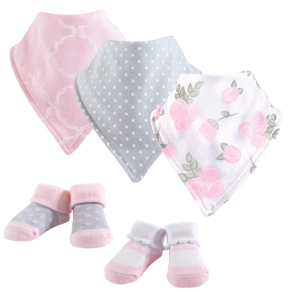 slide 1 of 1, Hudson Baby Infant Girl Cotton Bib and Sock Set 5pk, Pink Rose, One Size - Pink Rose - One Size One Size - Pink Rose